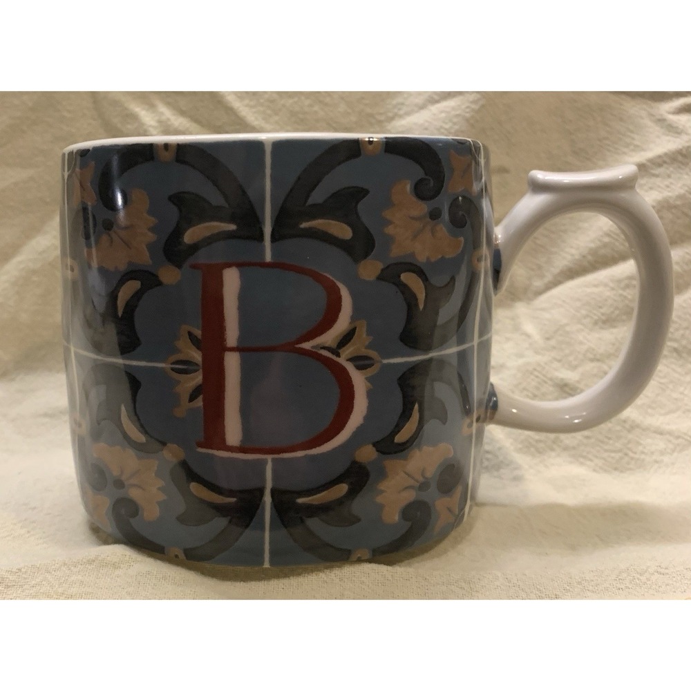 Anthropologie Mezze Monogram B Mug Letter With Thumb Rest‎ Blue Gray Red Floral